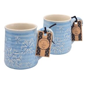 Peppermint & Pine Blue Embossed Winter Snowflakes Ceramic Coffee Mug 16oz Set x2